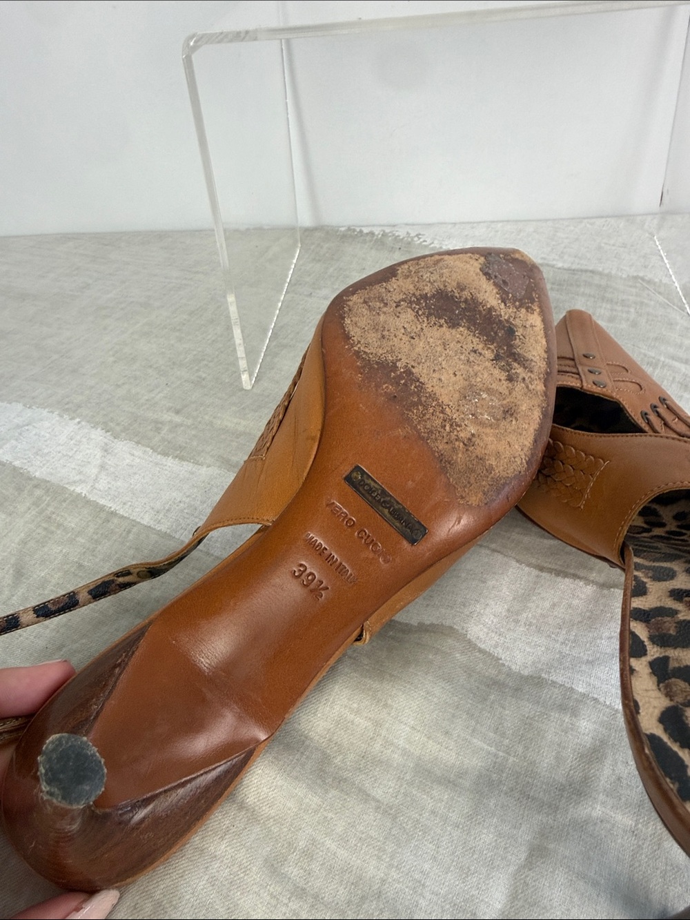 DOLCE AND GABBANA BROWN WOVEN LACED TRIM SLING BACK SHOES - Picture 5 of 5